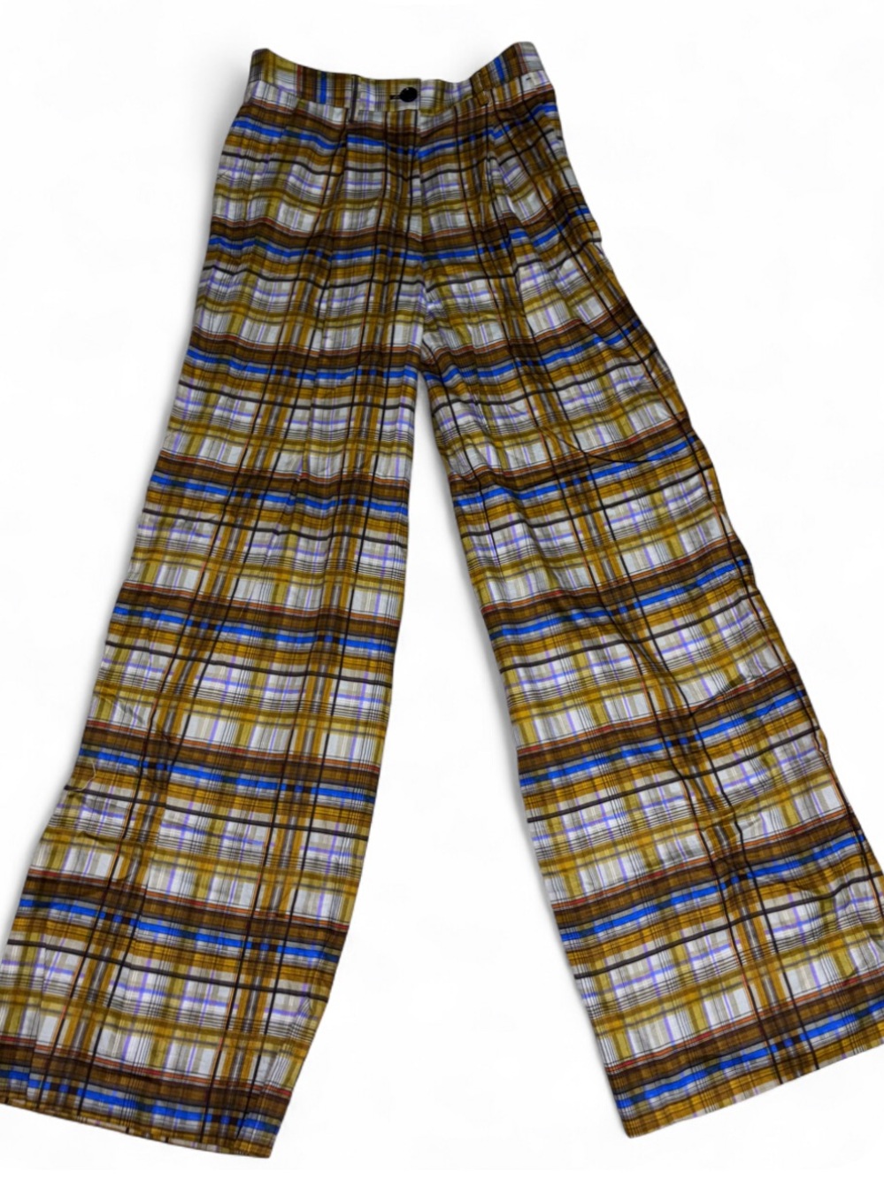 Wide-Leg Plaid Pants in Brown & Blue